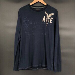 American Eagle Men's Graphic Logo Long Sleeve T-Shirt Navy Blue Y2k Faded 2009